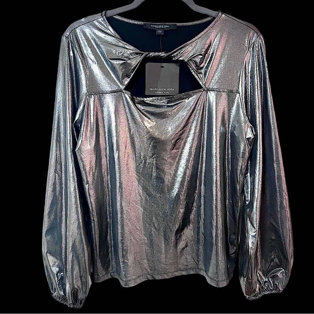 NEW Andrew Marc New York Metallic Blouse Size Medium Balloon Sleeves